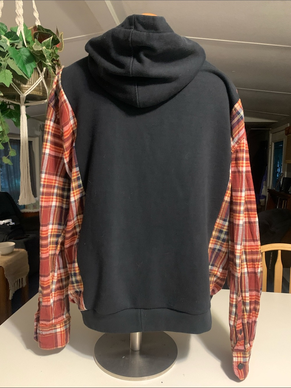 Upcycled Grateful Dead Black agraphic Hoodie with Rust Plaid Flannel Sleeves - Picture 2 of 11